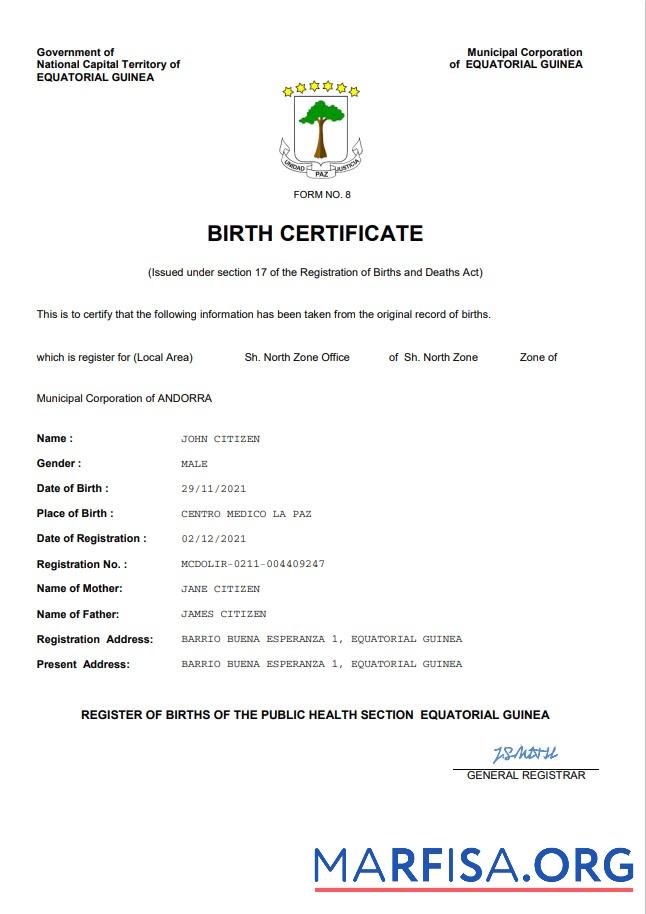 Realistic Equatorial Guinea birth certificate Word and PDF template